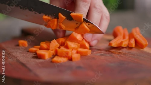 Close-up of a hand using a sharp knife to chop a bright orange carrot into small, neat dice on a wooden cutting board. Preparing ingredients for a healthy soup, stew, or salad