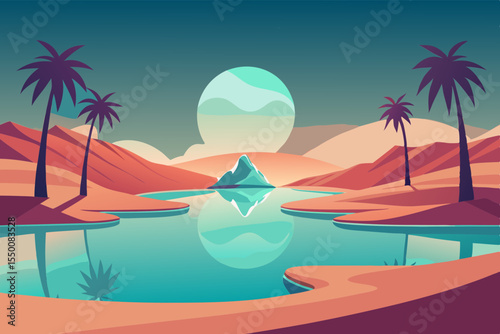 Ethereal Oasis in Vast Desert with Palm Reflections