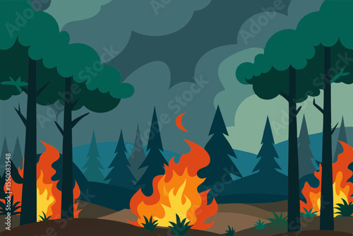 Wildfire Engulfing Forest with Heavy Smoke