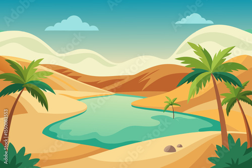 Green Desert Oasis with Lush Trees and Water