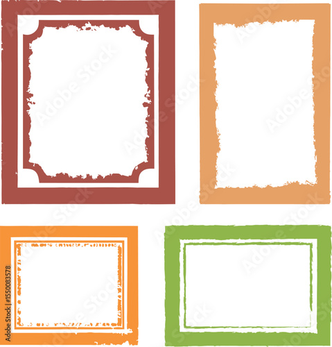 Versatile set of four rectangular frames in grunge and distressed earth tones, perfect for adding a rustic or vintage touch to photos, invitations, digital art, and various creative design projects.