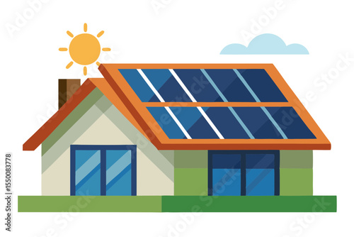 Solar Power Panels on Rooftop Vector Design