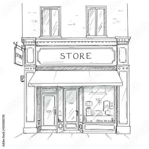 Hand-drawn storefront illustration with awning and window display  