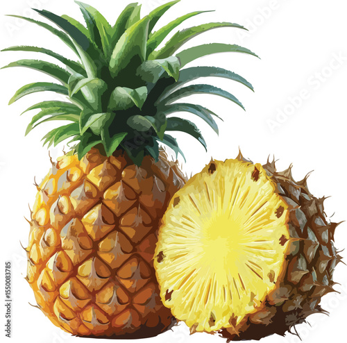 Fresh ripe pineapple with green leaves isolated against a clean white background