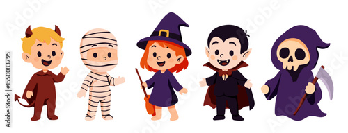 A group of children dressed in Halloween costumes, including a mummy, a witch, a vampire, a skeleton