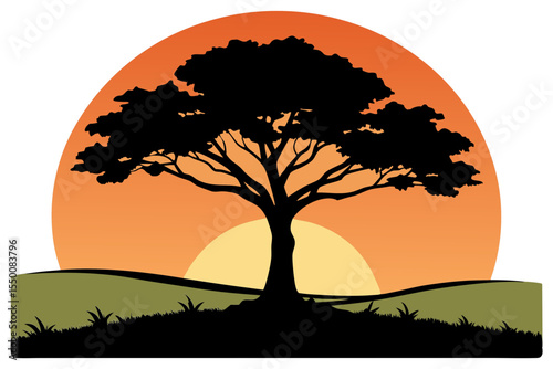 Lone Oak Tree in Sunset on Vast Plain Vector