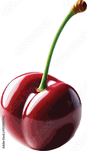 Isolated illustration of a single fresh ripe red cherry with green stem on white background