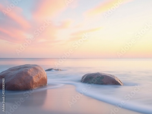 Pastel Sunset Over Calm Ocean With Two Rocks
