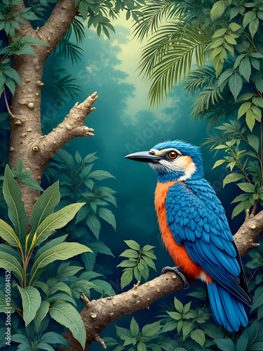 Blue and orange bird sitting on a branch in a green forest.