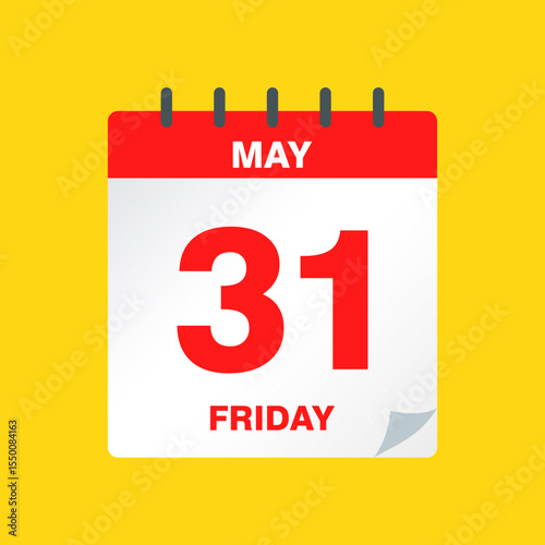 Day Calendar Icon with May 31 Date – Flat Vector Illustration for Daily Schedule, Planner, Event Reminder, Appointment, Deadline, Time Management, and Office Organization Design