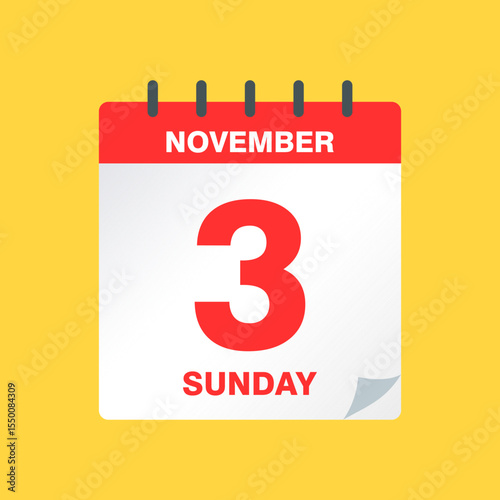 Day Calendar Icon Showing November 3 Date – Flat Vector Illustration for Event Planning, Daily Schedule, Reminders, Appointments, Deadlines, and Time Management Concepts