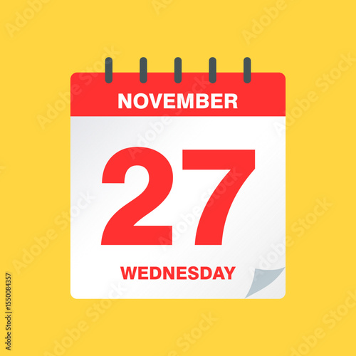 Day Calendar Icon with November 27 Date – Flat Vector Illustration for Scheduling, Daily Planner, Event Reminder, Appointments, Deadlines, and Time Management Design Concept
