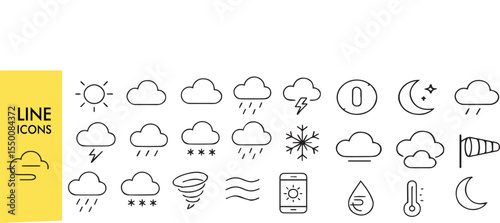 Weather Line Icon Set - Minimalist Forecast Symbols for Web & Mobile Apps (Sun, Rain, Clouds, Thunderstorm) - Vector EPS