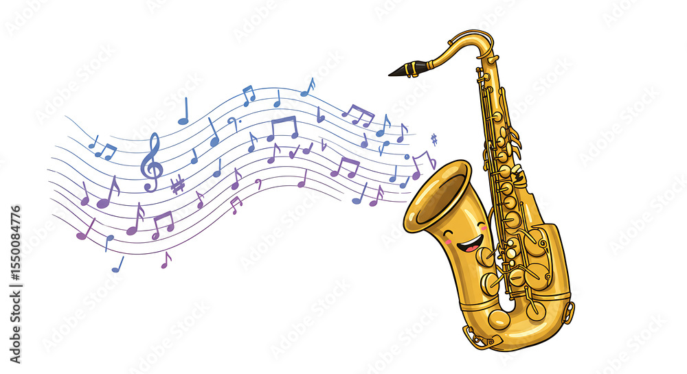 Naklejka premium A smiling saxophone illustration with musical notes floating from the bell, on a clean white backdrop.