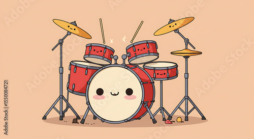 A chubby drum set in flat illustration style with colorful cymbals and little cartoon drumsticks.