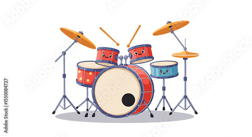 A chubby drum set in flat illustration style with colorful cymbals and little cartoon drumsticks.