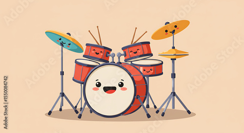 A chubby drum set in flat illustration style with colorful cymbals and little cartoon drumsticks.