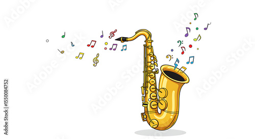 A smiling saxophone illustration with musical notes floating from the bell, on a clean white backdrop.