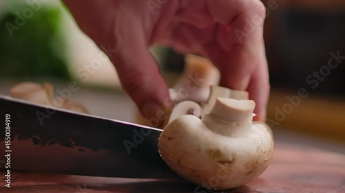 Close-up of a knife slicing a fresh champignon mushroom in half on a wooden cutting board. Preparing ingredients for a delicious, healthy meal. Concept of vegetarian cooking and fresh food
