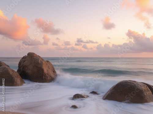 Pastel Sunset Over Calm Ocean With Two Rocks
