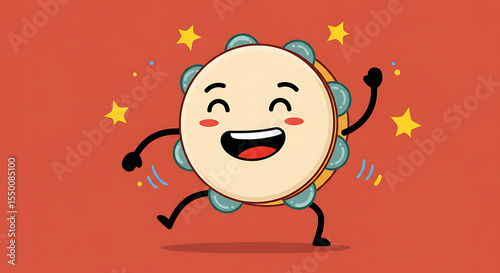 A smiling tambourine illustration with animated jingles and a dancing pose, emoji-style.