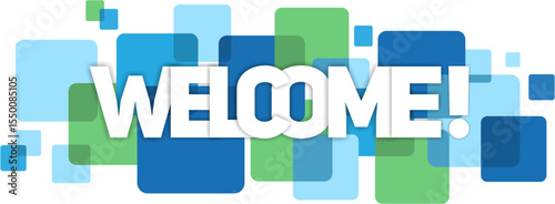 WELCOME Banner with Blue Squares on Transparent Background – Modern Vector Design for Website Header, Greeting Sign, Web Graphic, Pop-Up, Social Media, and Marketing Presentation