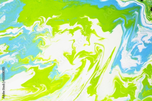 Abstract turquoise-white-green background. Acrylic paint flows freely and creates an arbitrary pattern. Bright shades. The effect of a stone, a sea wave.