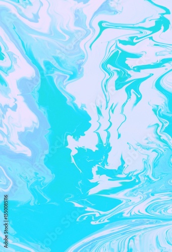 Abstract turquoise background. Acrylic paint flows freely and creates an arbitrary pattern. Bright shades. The effect of a stone, a sea wave.