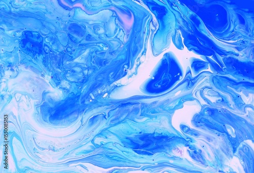 Abstract white and blue background. Acrylic paint flows freely and creates an arbitrary pattern. Bright shades. Background for text, rear view.