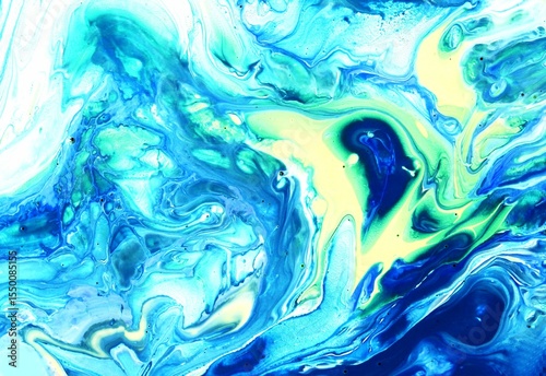 Abstract white and blue background. Acrylic paint flows freely and creates an arbitrary pattern. Bright shades. Background for text, rear view.