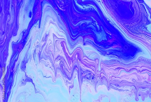 Abstract white and blue background. Acrylic paint flows freely and creates an arbitrary pattern. Bright shades. Background for text, rear view.