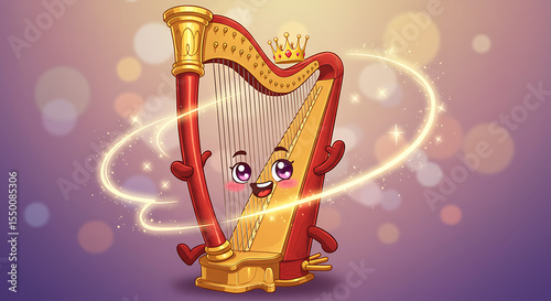 A cartoon harp with golden strings and a tiny crown, styled as a magical character.