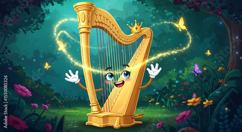 A cartoon harp with golden strings and a tiny crown, styled as a magical character.