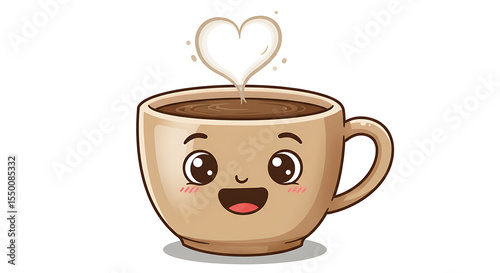 Cute cartoon coffee cup with steam shaped like a heart, smiling face on the mug, transparent background