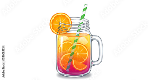 Colorful fruit juice in a mason jar with slices of orange and a striped straw, emoji-style, no background.