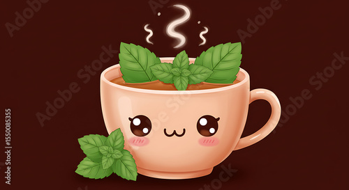 A kawaii-style teacup with mint leaves and a peaceful smile, steam curls floating above, PNG with no background.