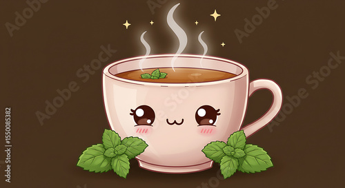 A kawaii-style teacup with mint leaves and a peaceful smile, steam curls floating above, PNG with no background.