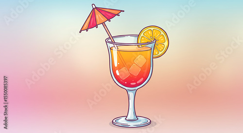 Cartoon cocktail glass with umbrella, lemon slice, and tropical drink inside, bright and vibrant.