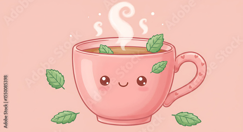 A kawaii-style teacup with mint leaves and a peaceful smile, steam curls floating above, PNG with no background.
