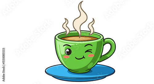 Cartoon espresso cup on a tiny saucer, with strong steam lines and winking expression, PNG format.