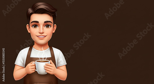 Realistic emoji-style male barista in brown apron, holding a steaming cup of coffee and smiling politely, PNG.