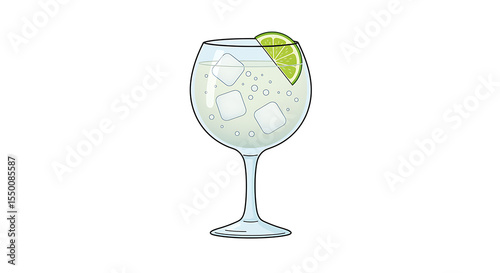 Gin and tonic in a balloon glass with lime, ice and bubbles illustrated in a minimalist emoji style, no background.