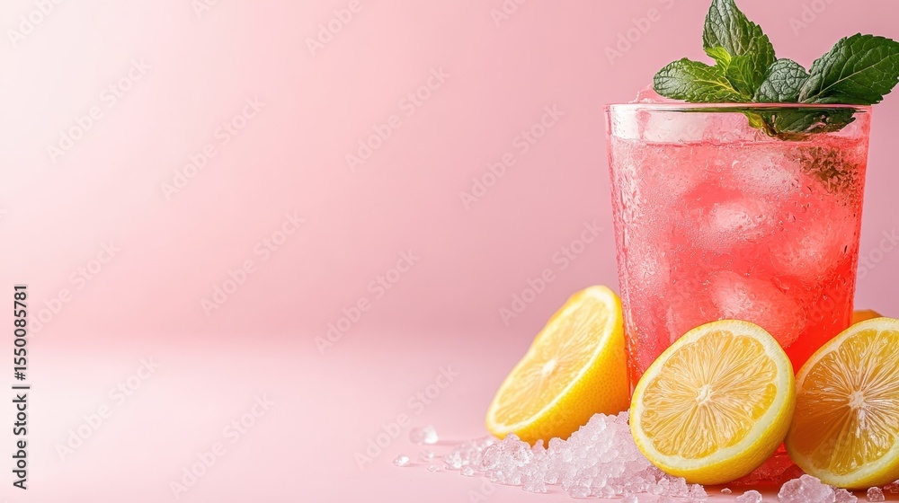 Fototapeta premium An enticing drink of pink lemonade garnished with mint leaves and lemon slices, set against a pastel background, offering a refreshing and inviting vibe perfect for summer celebrations.