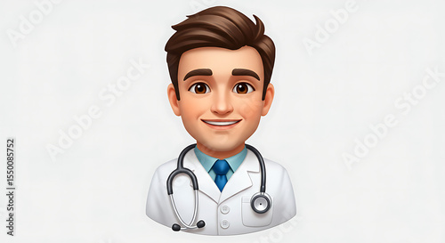  Realistic emoji-style image of a male doctor wearing a white coat and stethoscope around the neck, slight smile, PNG transparent.