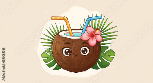 Coconut drink with straw and flower garnish, cartoon eyes and palm leaves nearby, transparent PNG icon.