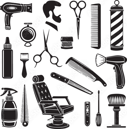Hair accessories and barber tools vector icon set in a black silhouette style, featuring a salon icon set. 