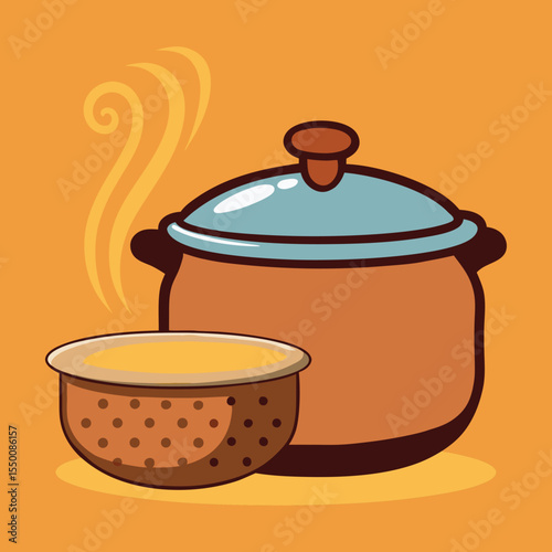 Hand drawn clay cooking pot with a lid and rising steam lines isolated on white background