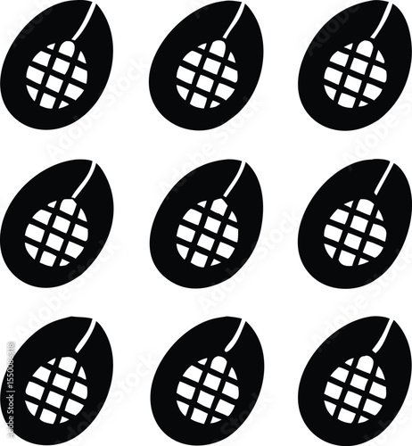 Freshly cut mango halves arranged in a grid pattern with visible seed isolated on white background
