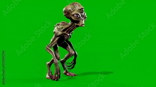 Three-Eyed Alien Creature on Green Screen