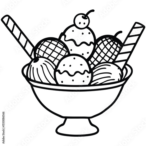 Delicious ice cream sundae with three scoops whipped cream and a wafer isolated on white background